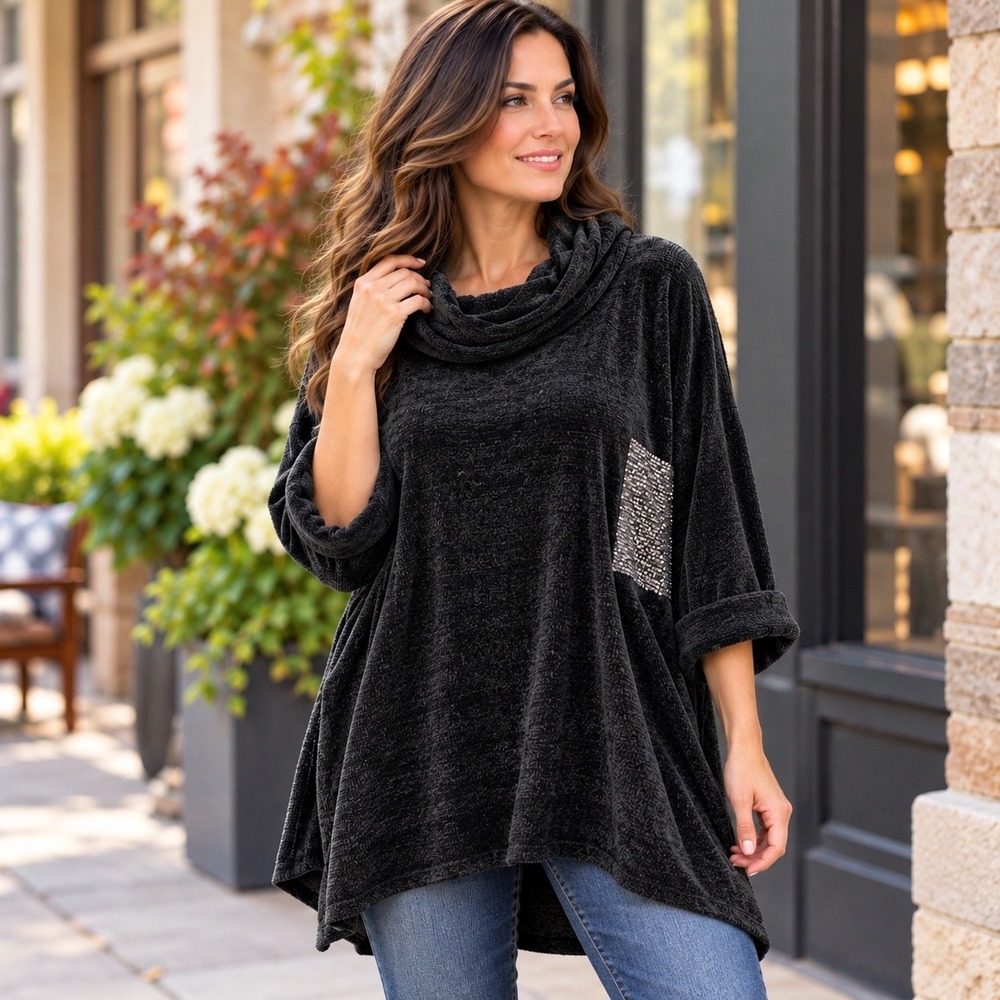 White Birch Black Sequin Pocket Cowl Neck Poncho Sweater XL